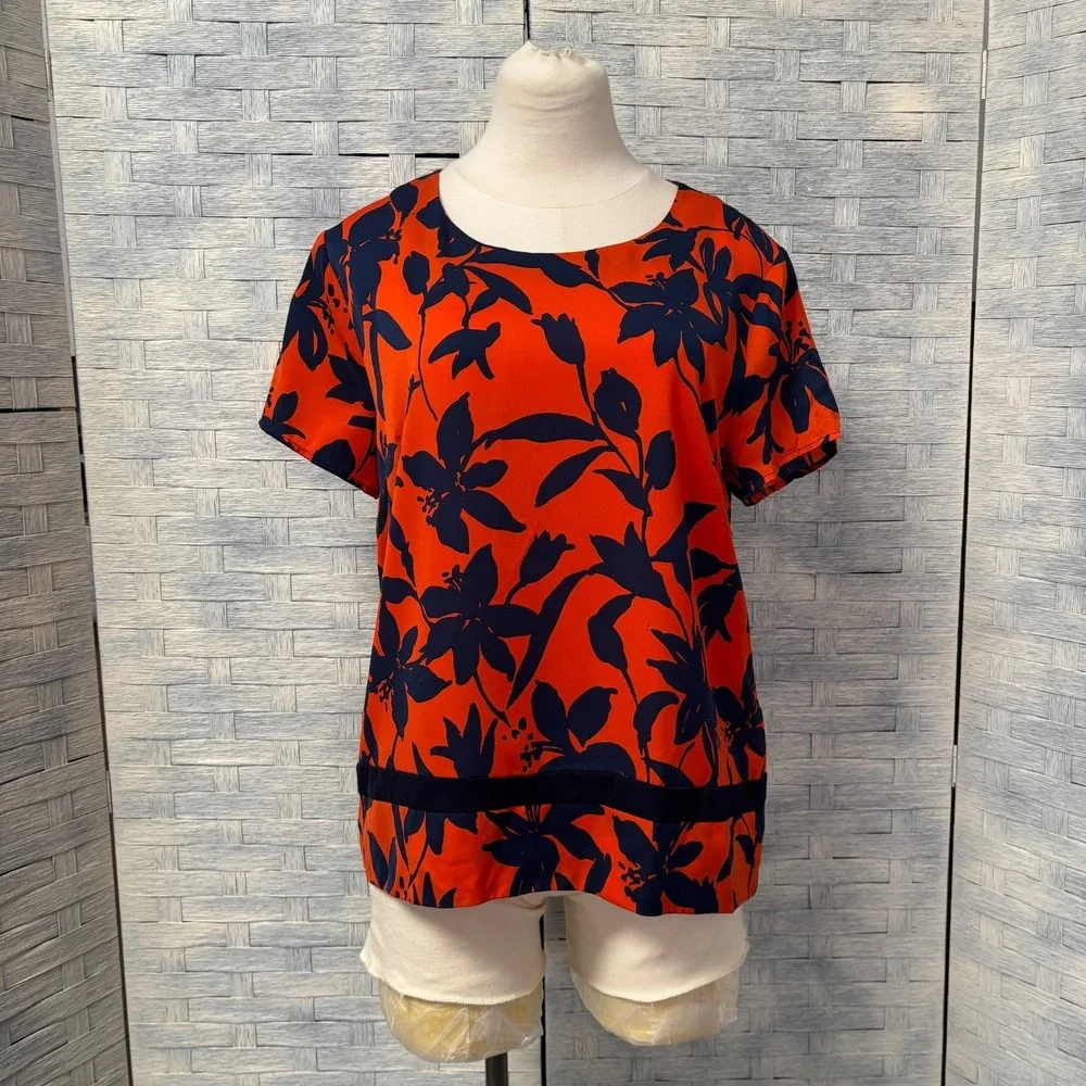 J. Crew Orange Navy Floral Print Short‎ Sleeve Tunic Top Medium